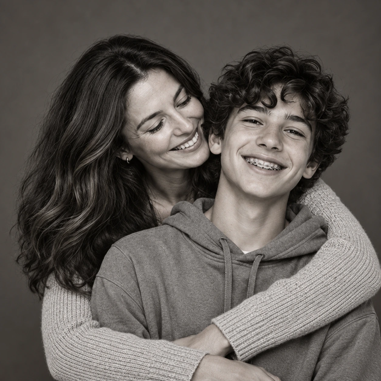 Referencia conceptual de una madre junto a su hijo adolescente, sonriendo